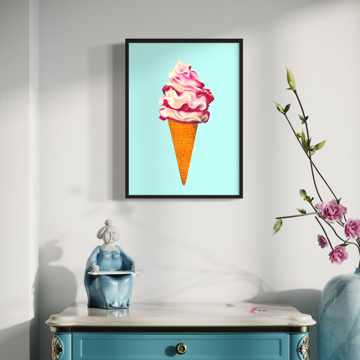 Ice cream fine art canvas print, colourful and playful illustration of raspberry ripple ice cream cone, pink and aqua contemporary wall art in black frame