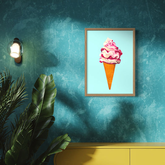 Ice cream fine art canvas print, colourful and playful illustration of raspberry ripple ice cream cone, pink and aqua contemporary wall art
