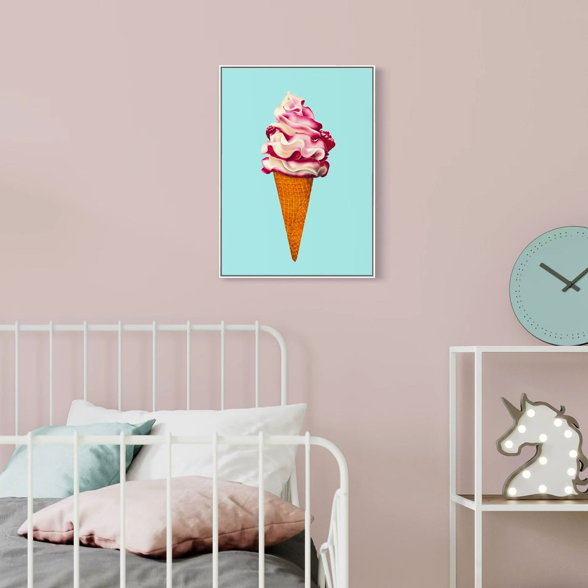 Pink and aqua Ice cream fine art canvas print, colourful and playful illustration of raspberry ripple ice cream cone, great wall art for children's bedroom.