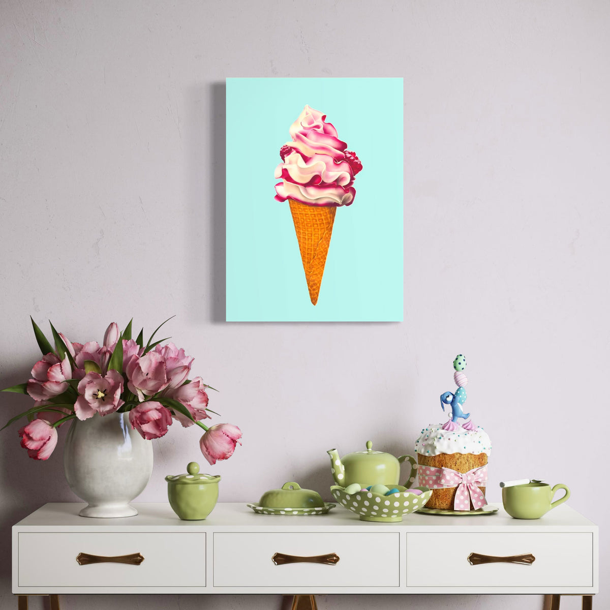Ice cream fine art canvas wall art print, colourful and playful illustration of raspberry ripple ice cream cone in pink and aqua.