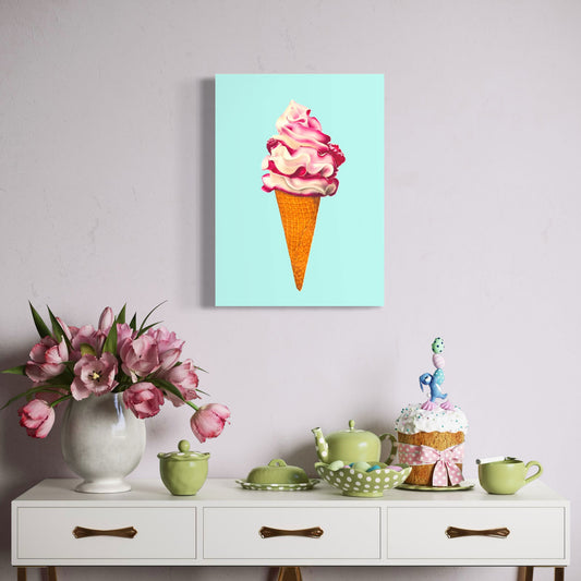Ice cream fine art canvas wall art print, colourful and playful illustration of raspberry ripple ice cream cone in pink and aqua.
