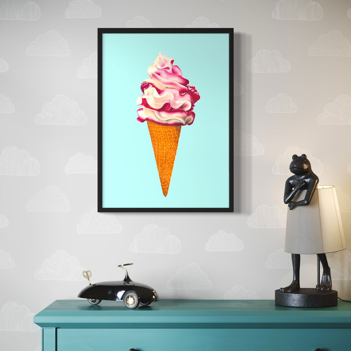 Ice cream fine art canvas print, colourful and playful illustration of raspberry ripple ice cream cone, pink and aqua contemporary wall art in black frame