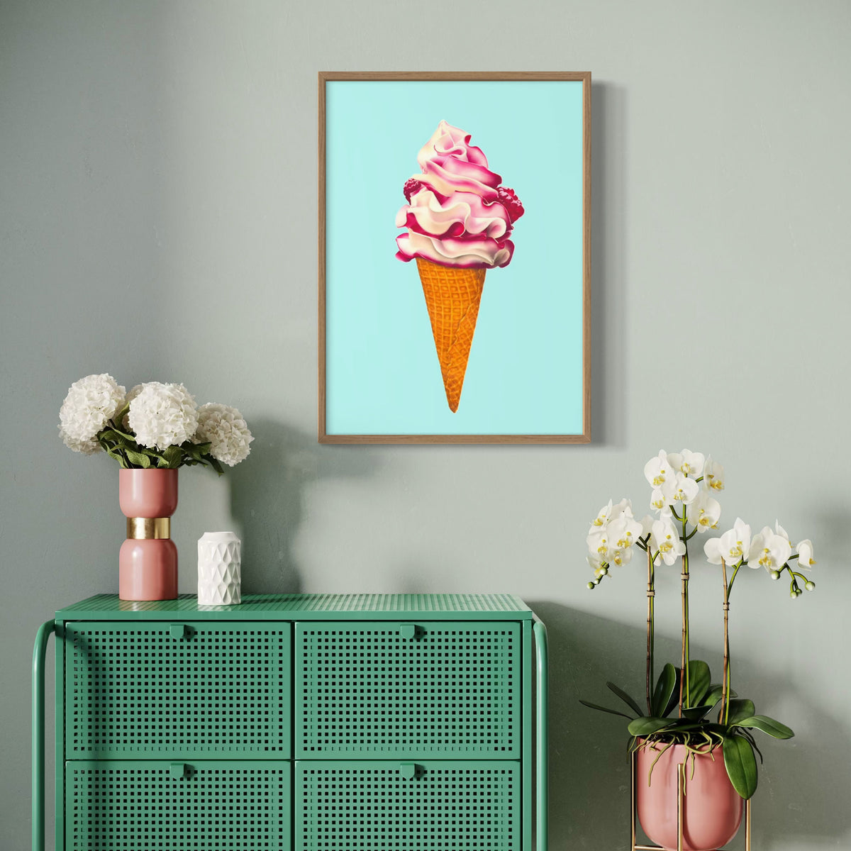 Ice cream fine art canvas print, colourful and playful illustration of raspberry ripple ice cream cone, pink and aqua contemporary wall art in oak frame