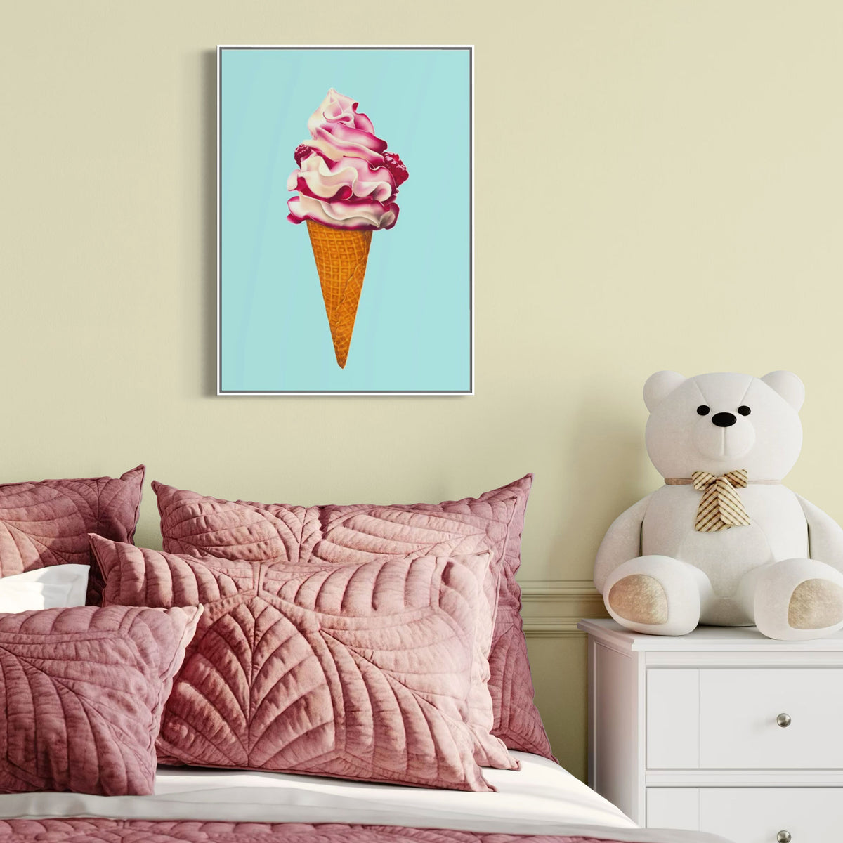 Ice cream fine art canvas print, colourful and playful illustration of raspberry ripple ice cream cone, pink and aqua contemporary wall art in white frame. Kid's bedroom
