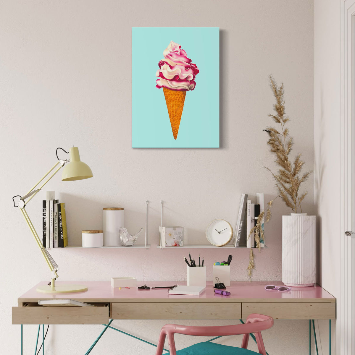 Ice cream fine art canvas print, colourful and playful illustration of raspberry ripple ice cream cone, pink and aqua contemporary wall art unframed or framed