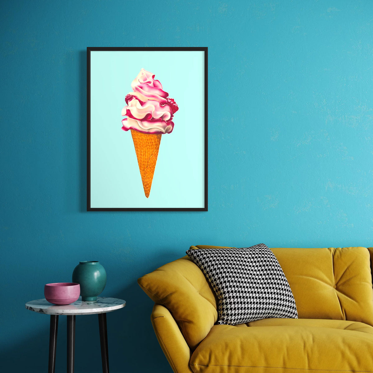 Funky Fun Ice cream fine art canvas print, colourful and playful illustration of raspberry ripple ice cream cone, pink and aqua contemporary wall art for groovy rooms