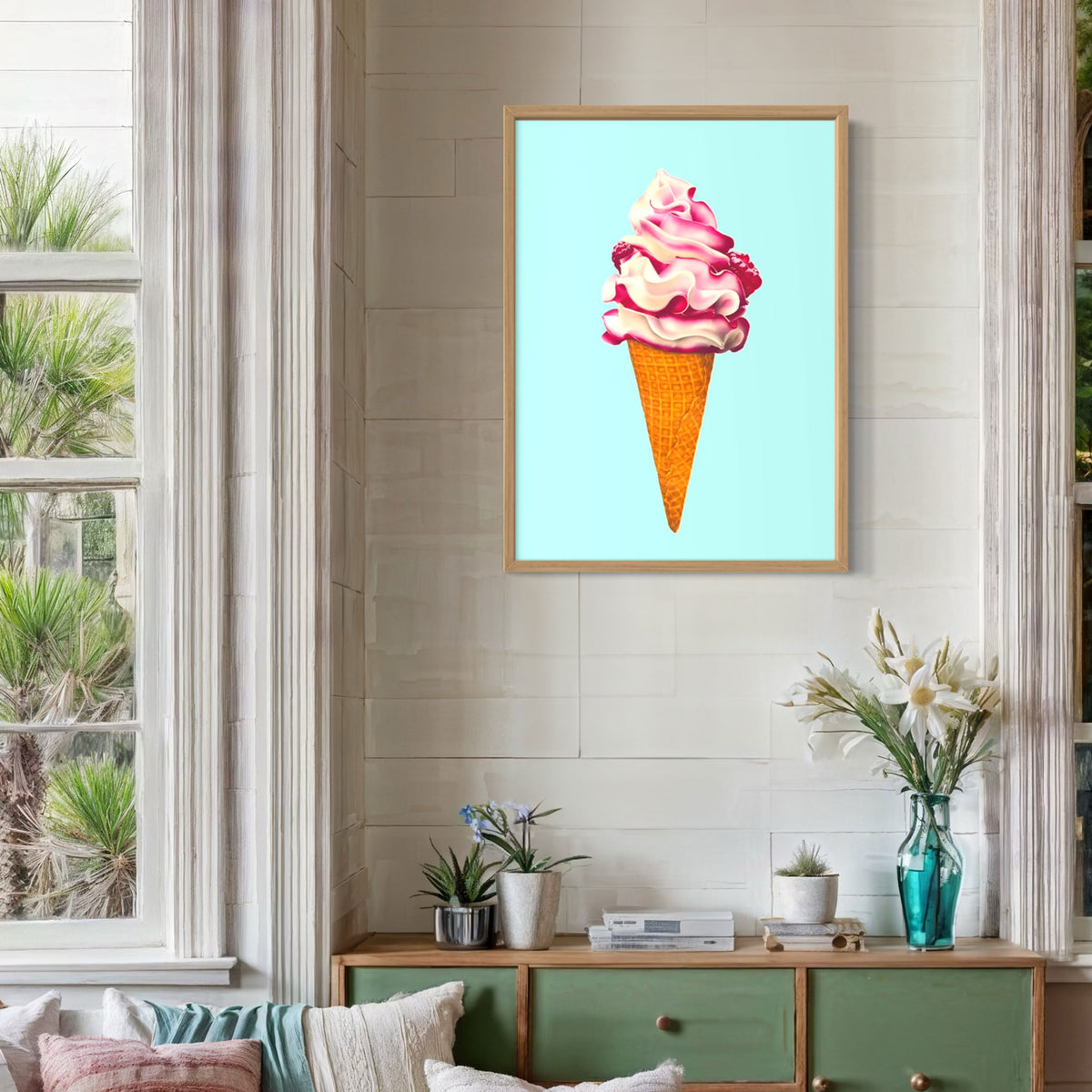 Ice cream lover's art print on canvas. A colourful and playful illustration of raspberry ripple ice cream cone, pink and aqua contemporary wall art.