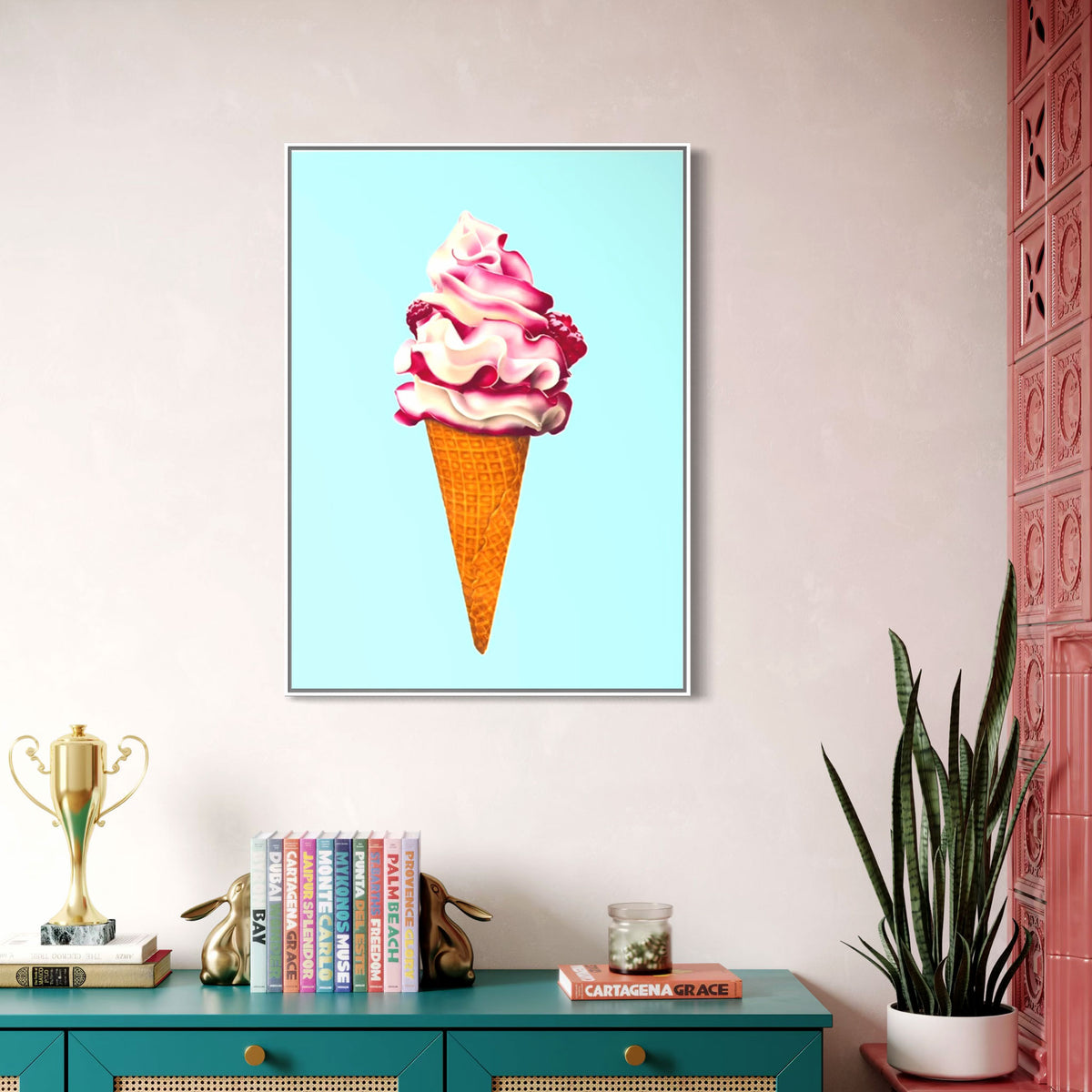 Add some summer fun to your space with this Ice cream fine art canvas print, colourful and playful illustration of raspberry ripple ice cream cone, pink and aqua contemporary wall art