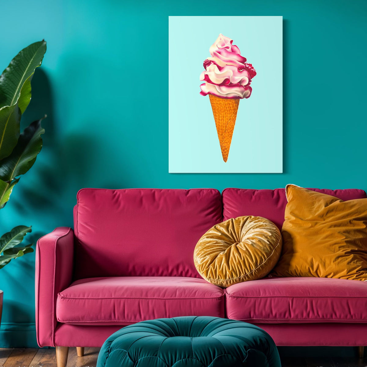 Fun Ice cream fine art canvas print, colourful and playful illustration of raspberry ripple ice cream cone, pink and aqua contemporary wall art in loud, colourful room