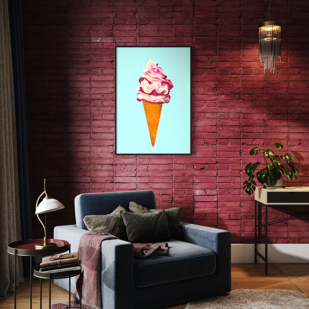 Rich room art Ice cream fine art canvas print, colourful and playful illustration of raspberry ripple ice cream cone. Pink and aqua contemporary art to add zest to a moody room.