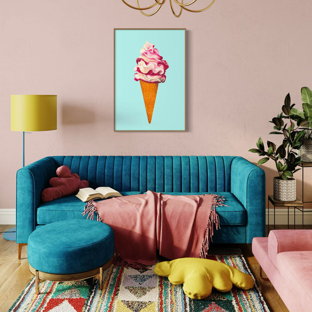 Vibrant Ice cream fine art canvas print, colourful and playful illustration of raspberry ripple ice cream cone, pink and aqua contemporary wall art for a touch of fun