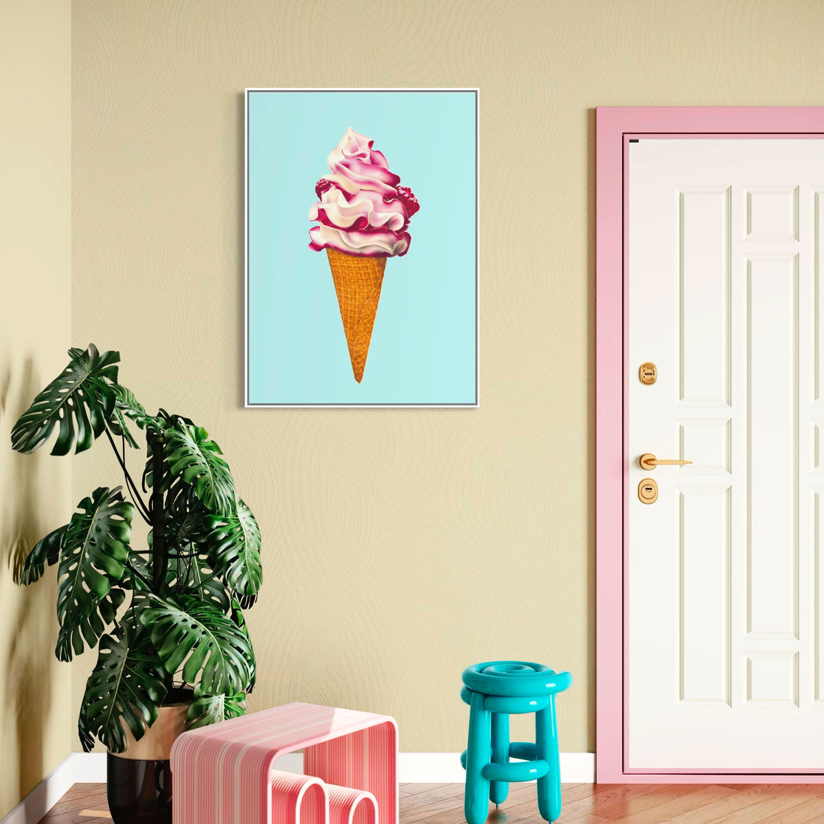Playroom wall art - Ice cream fine art canvas print, colourful and playful illustration of raspberry ripple ice cream cone, pink and aqua contemporary wall art