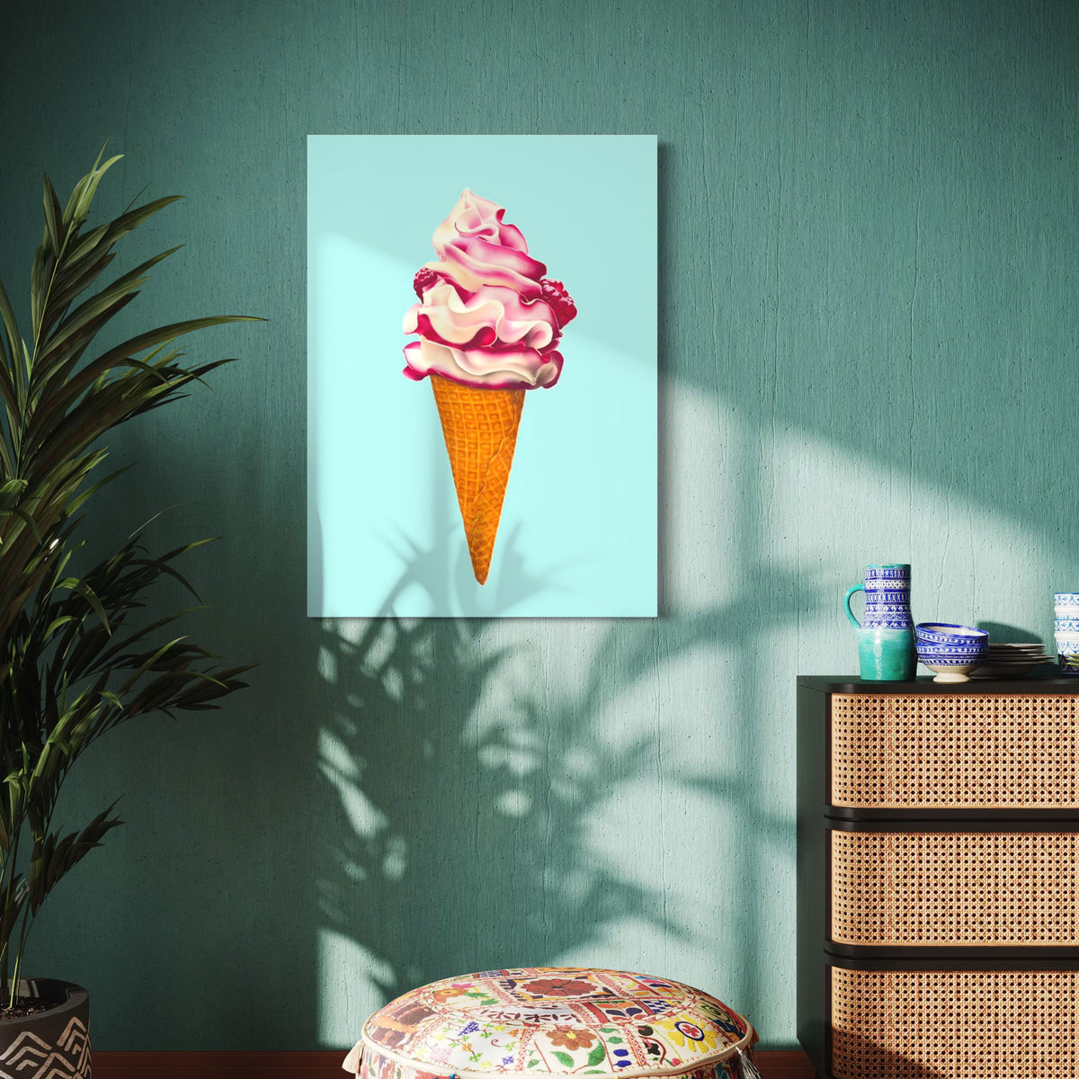 A taste of summer Ice cream fine art canvas print, colourful and playful illustration of raspberry ripple ice cream cone, pink and aqua contemporary wall art