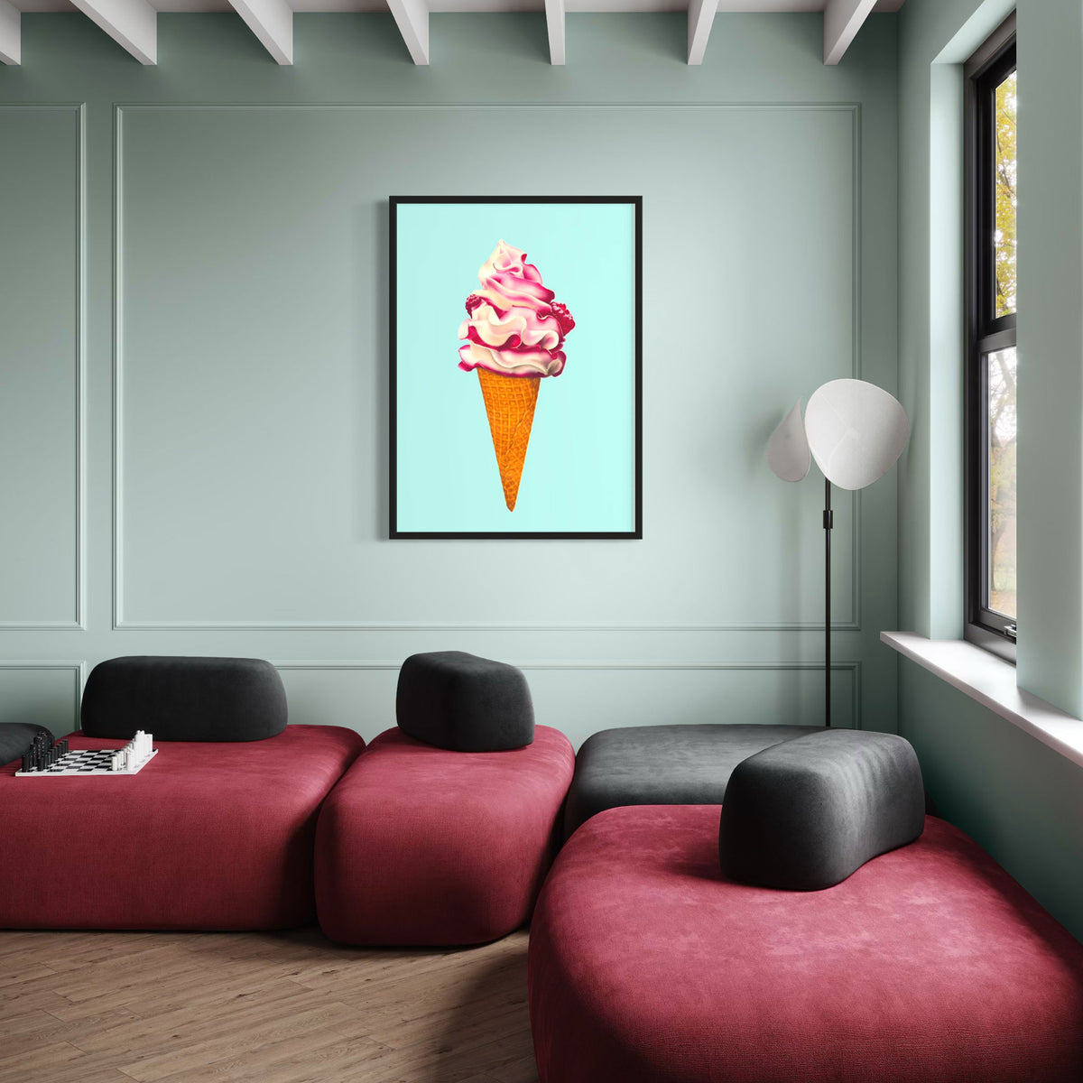 Large Ice cream canvas wall art. A colourful and playful illustration of raspberry ripple ice cream cone, pink and aqua contemporary wall art to liven up your living room