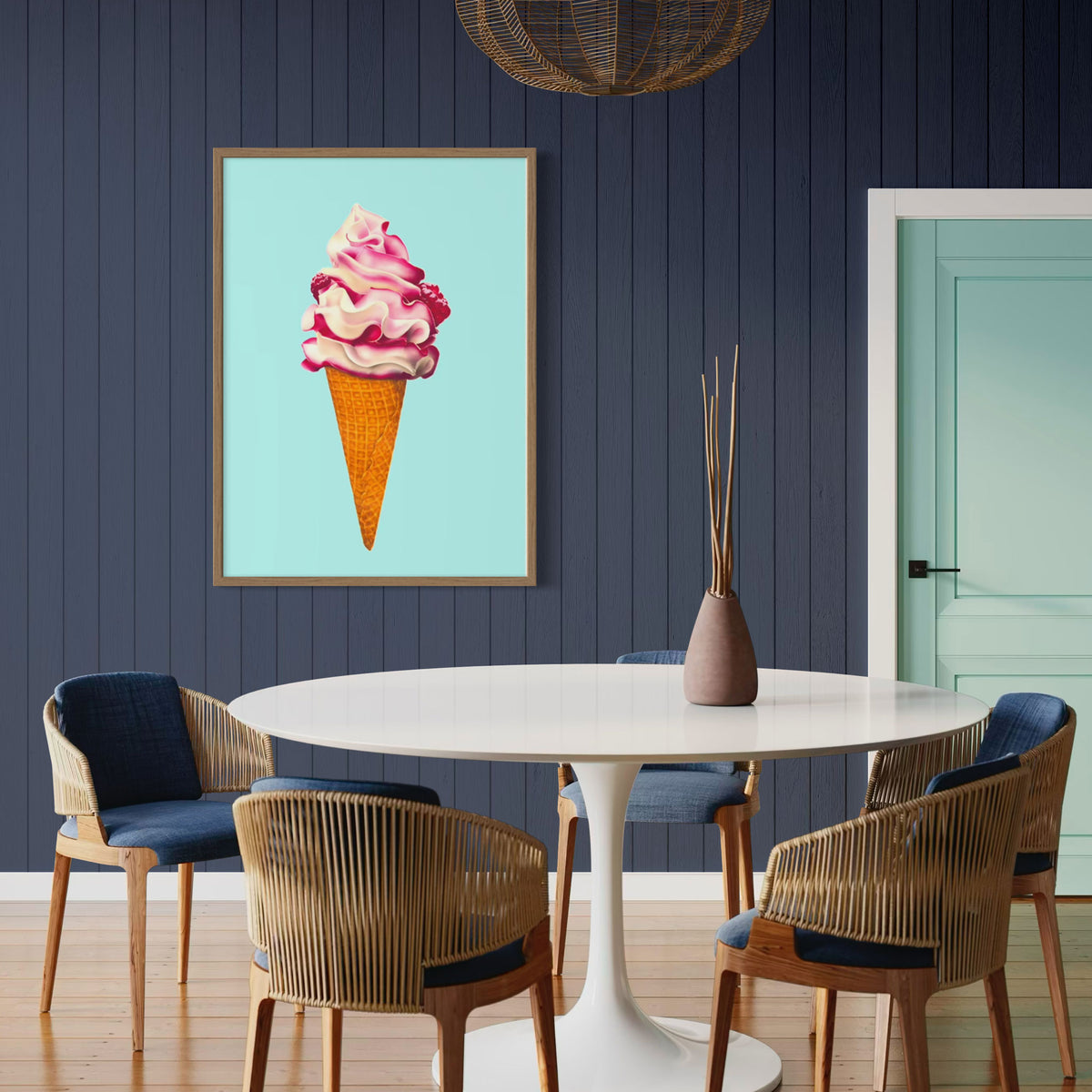 Large pink and aqua Ice cream fine art canvas print, colourful and playful illustration of raspberry ripple ice cream cone. Framed in oak to suit contemporary dining room with aqua accent.