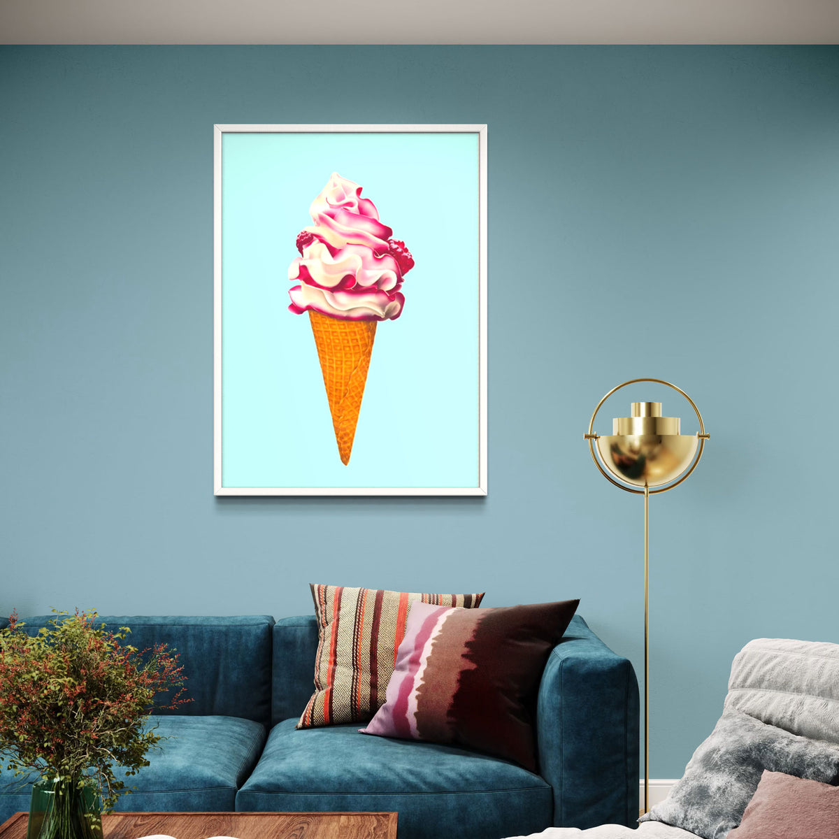 Ice cream fine art canvas print, colourful and playful illustration of raspberry ripple ice cream cone, pink and aqua contemporary wall art. Shown in white frame in room set