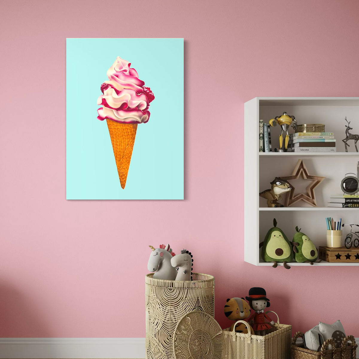 Ice cream fine art canvas print, colourful and playful illustration of raspberry ripple ice cream cone, pink and aqua wall art for child's bedroom