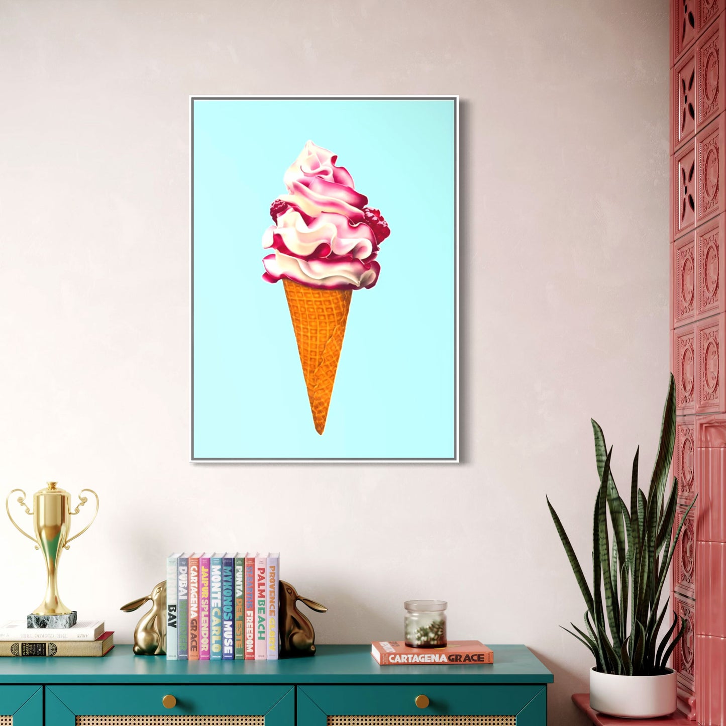 Ice cream fine art canvas print, colourful and playful illustration of raspberry ripple ice cream cone, pink and aqua contemporary wall art