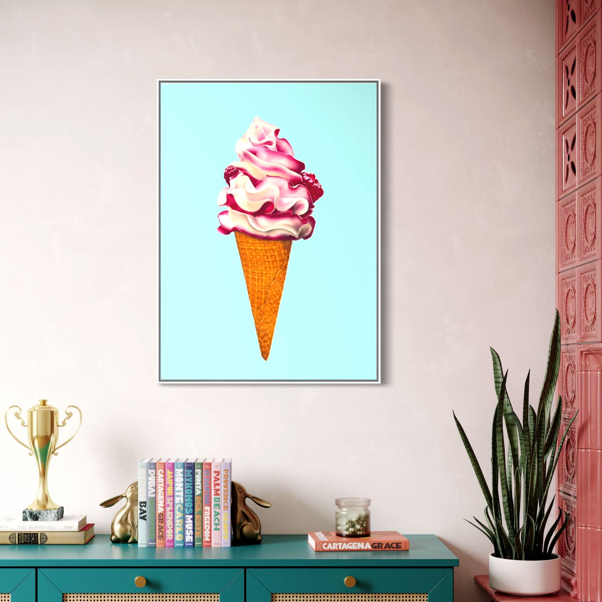 Ice cream fine art canvas print, colourful and playful illustration of raspberry ripple ice cream cone, pink and aqua contemporary wall art