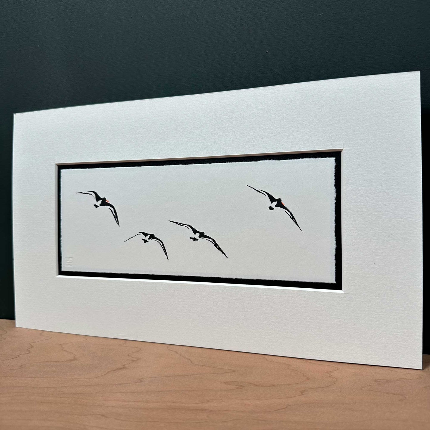 Oyster Catchers in Flight - original handmade vinyl cut print (Black and White version)