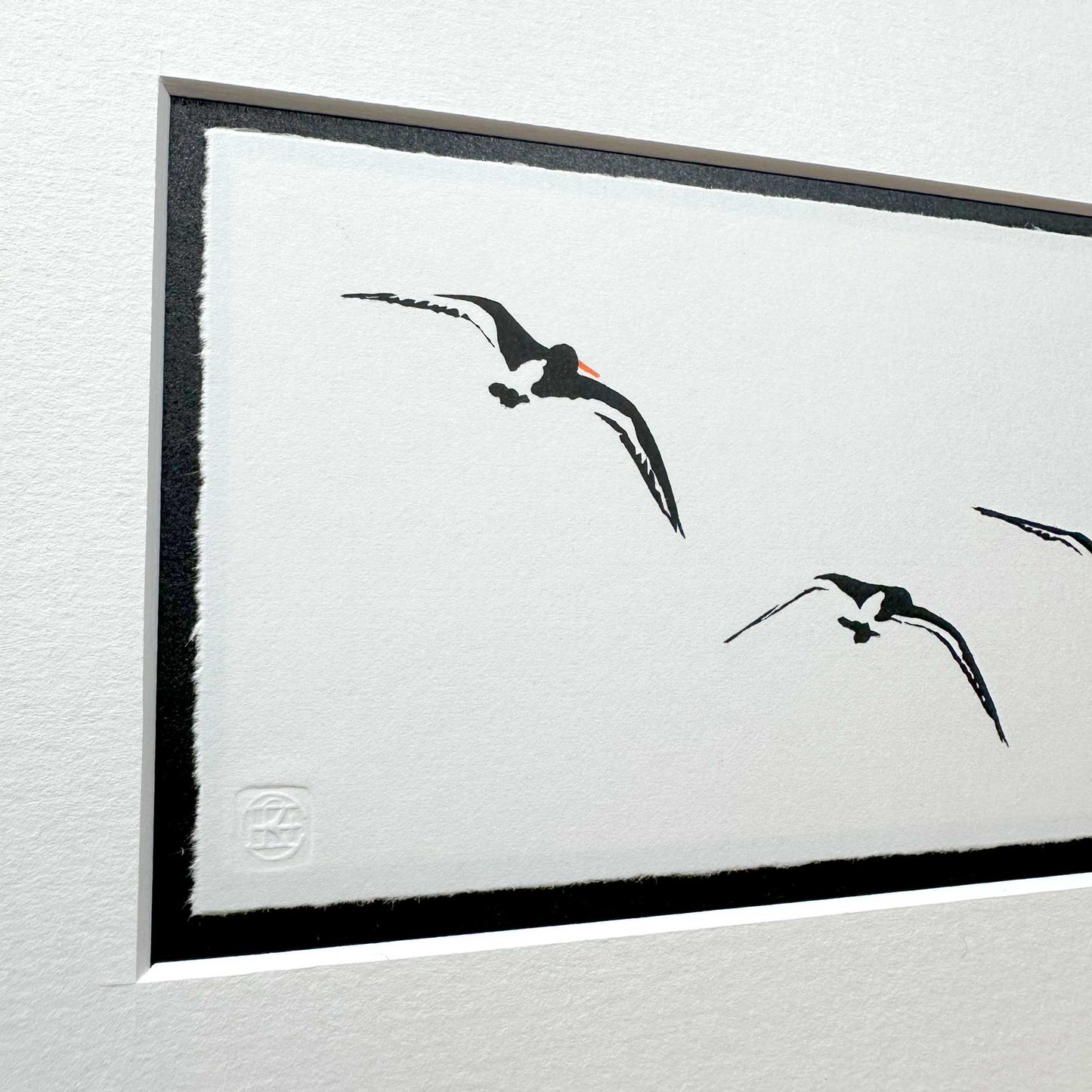 Oyster Catchers in Flight - original handmade vinyl cut print (Black and White version)