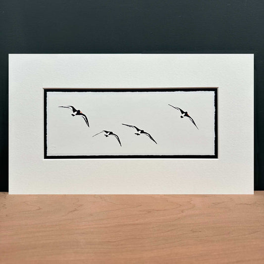Oyster Catchers in Flight - original handmade vinyl cut print (Black and White version)
