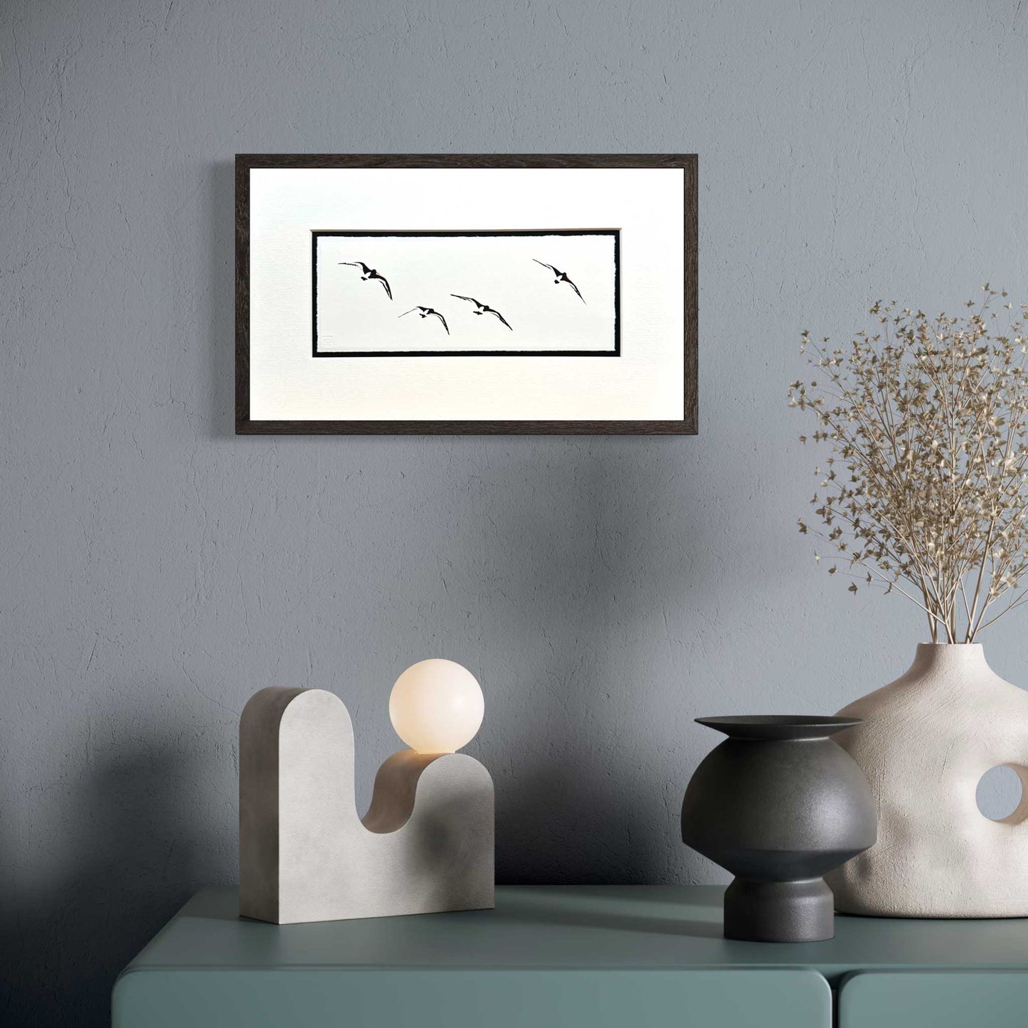 Oyster Catchers in Flight - original handmade vinyl cut print (Black and White version)