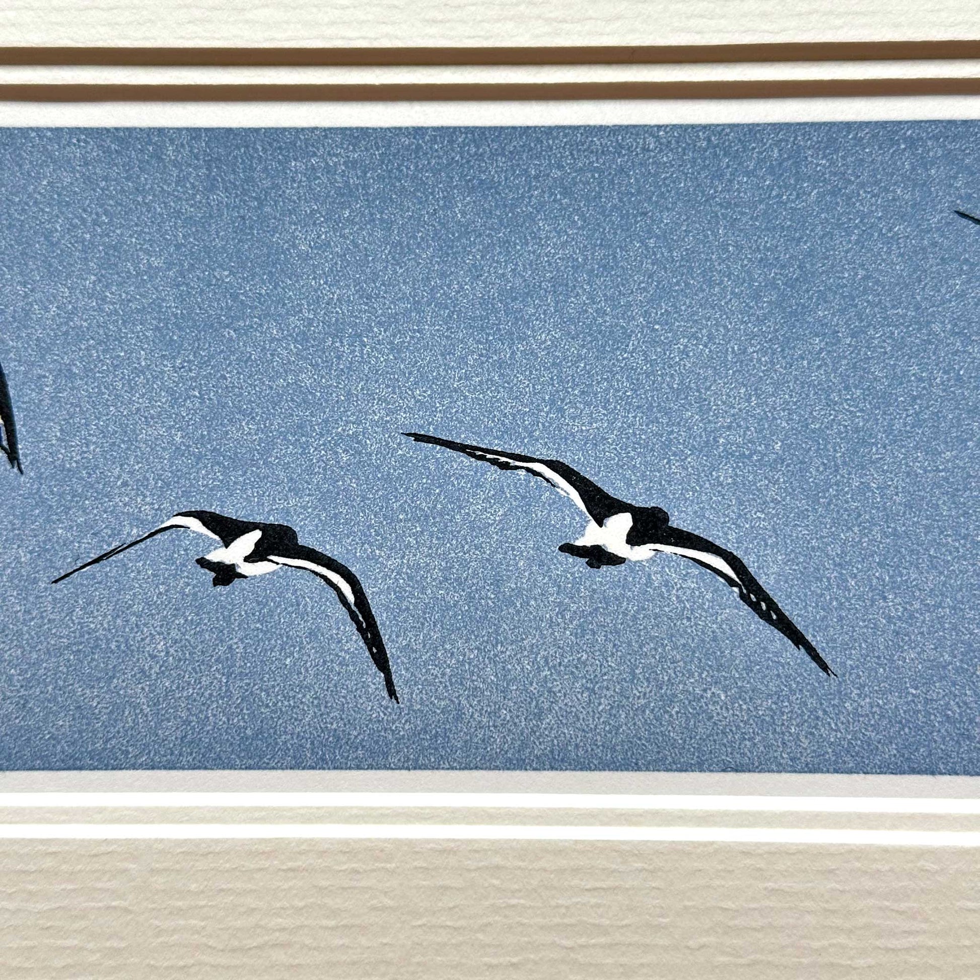Handmade print of Oyster Catchers in Flight against blue background - detail view 2