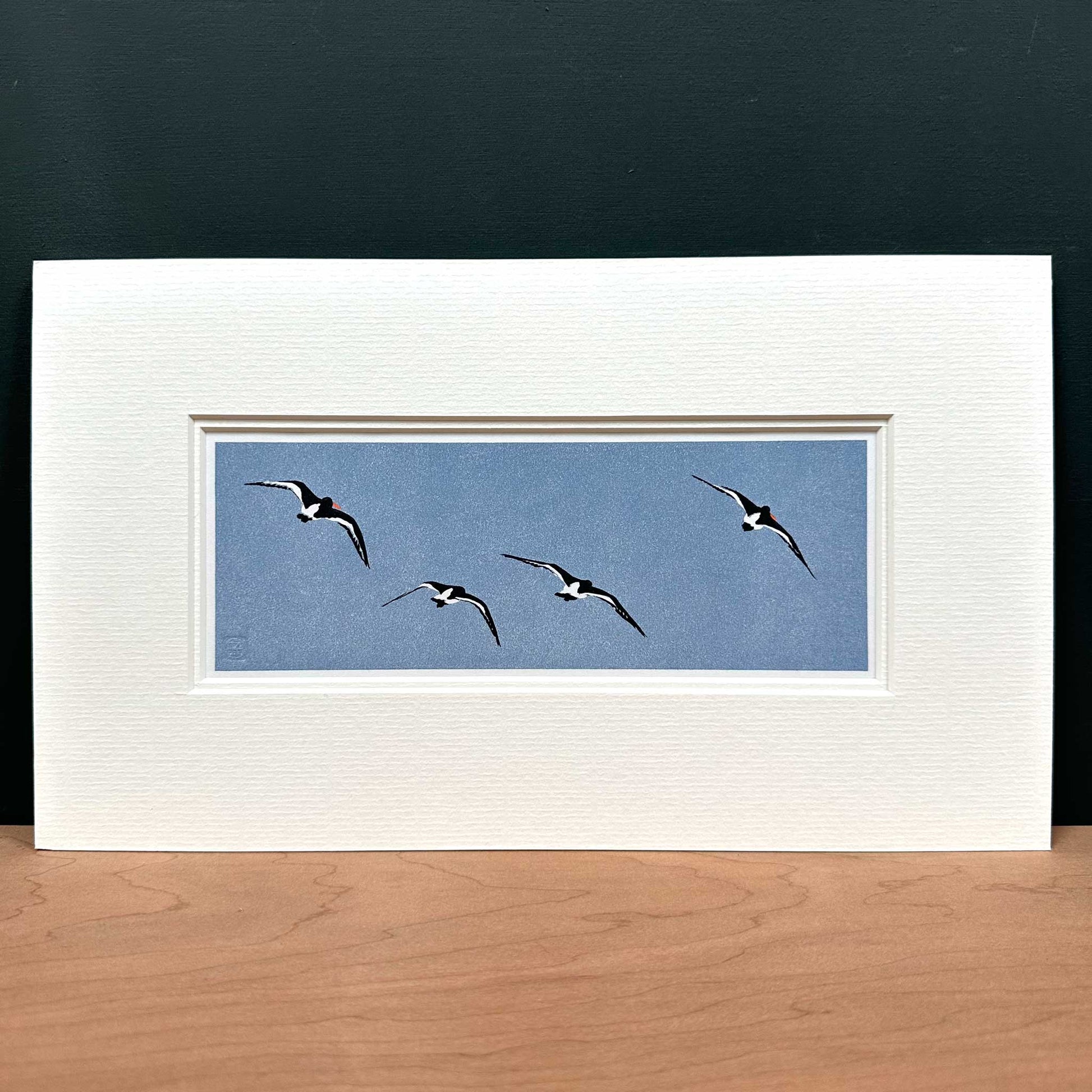 Handmade print of oyster catchers in flight against a dark blue background. In  double off-white mount.