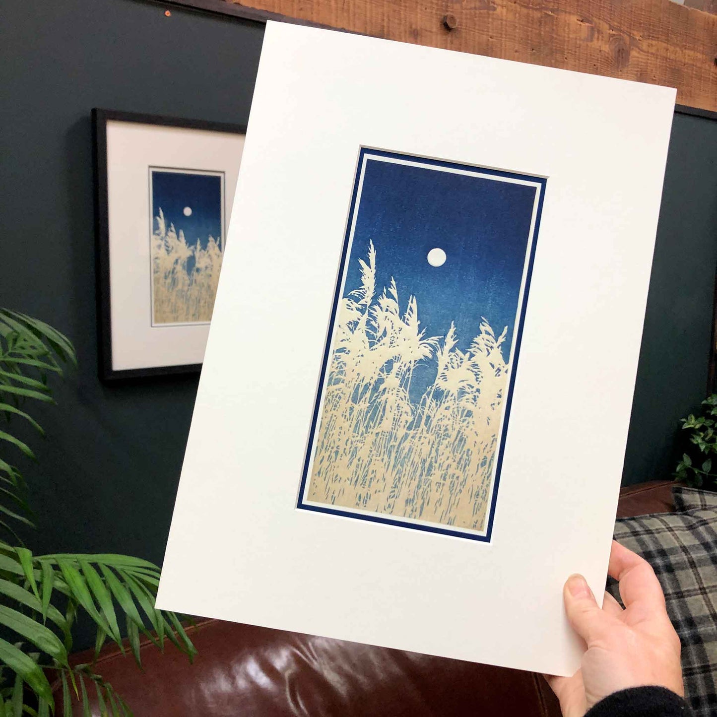 Autumn Calm – "Reeds Under a Full Moon" Fine Art Mounted Print