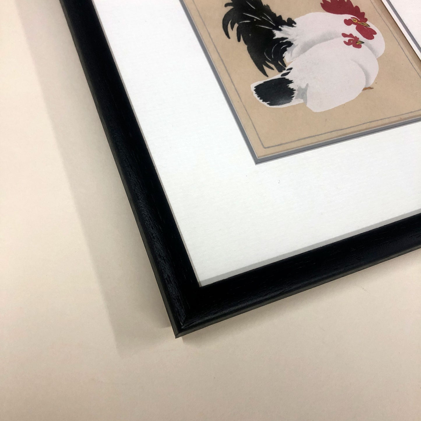Frame detail of Rooster and Hen, after Koson Japanese handmade woodblock print by Claire Cameron-Smith.
