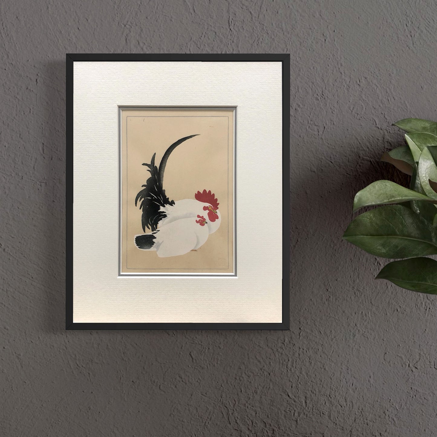 Rooster and Hen, after Koson Japanese handmade woodblock print by Claire Cameron-Smith, with hayseed top mount in black frame on dark wall.