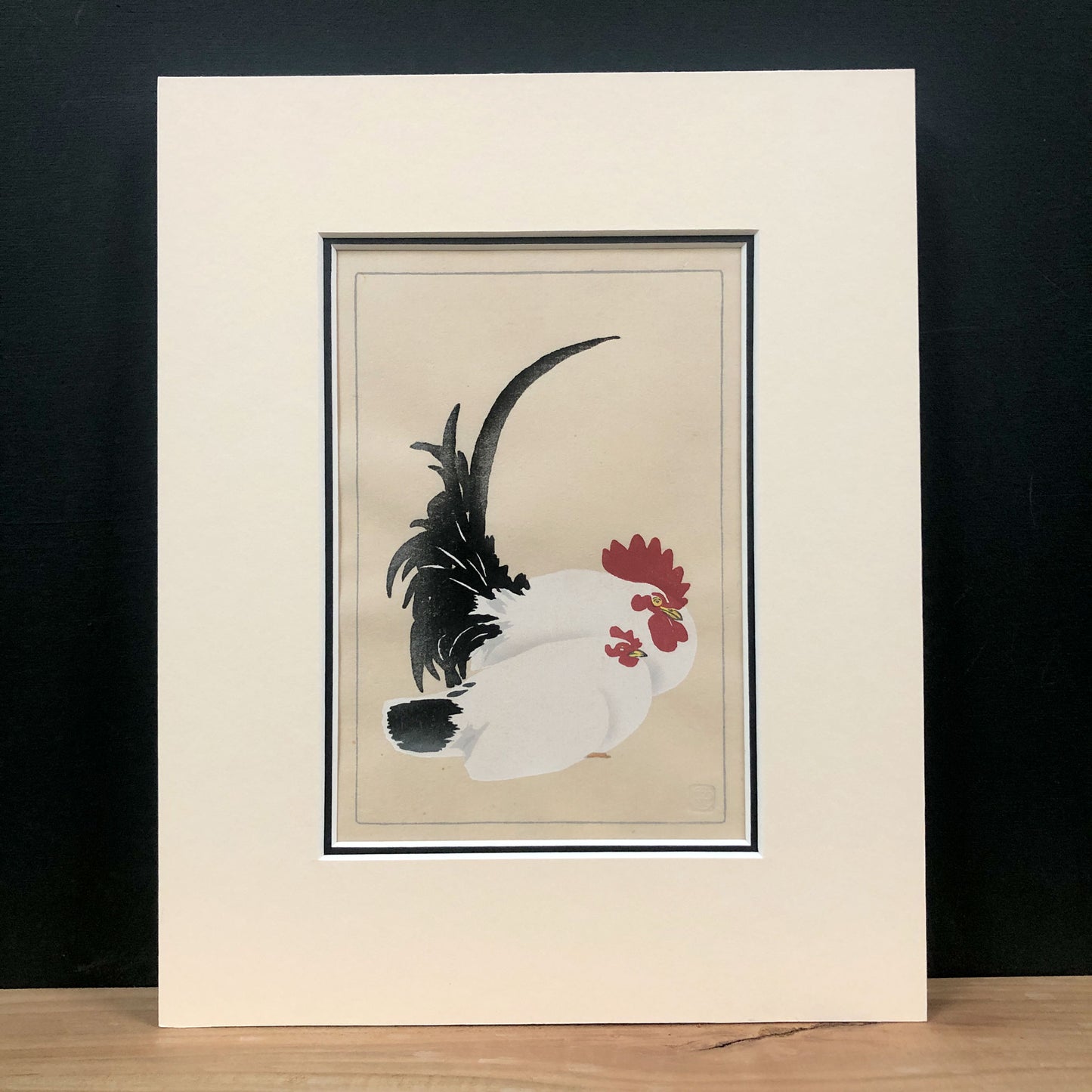 Rooster and Hen, after Koson Japanese handmade woodblock print by Claire Cameron-Smith, with cream top mount