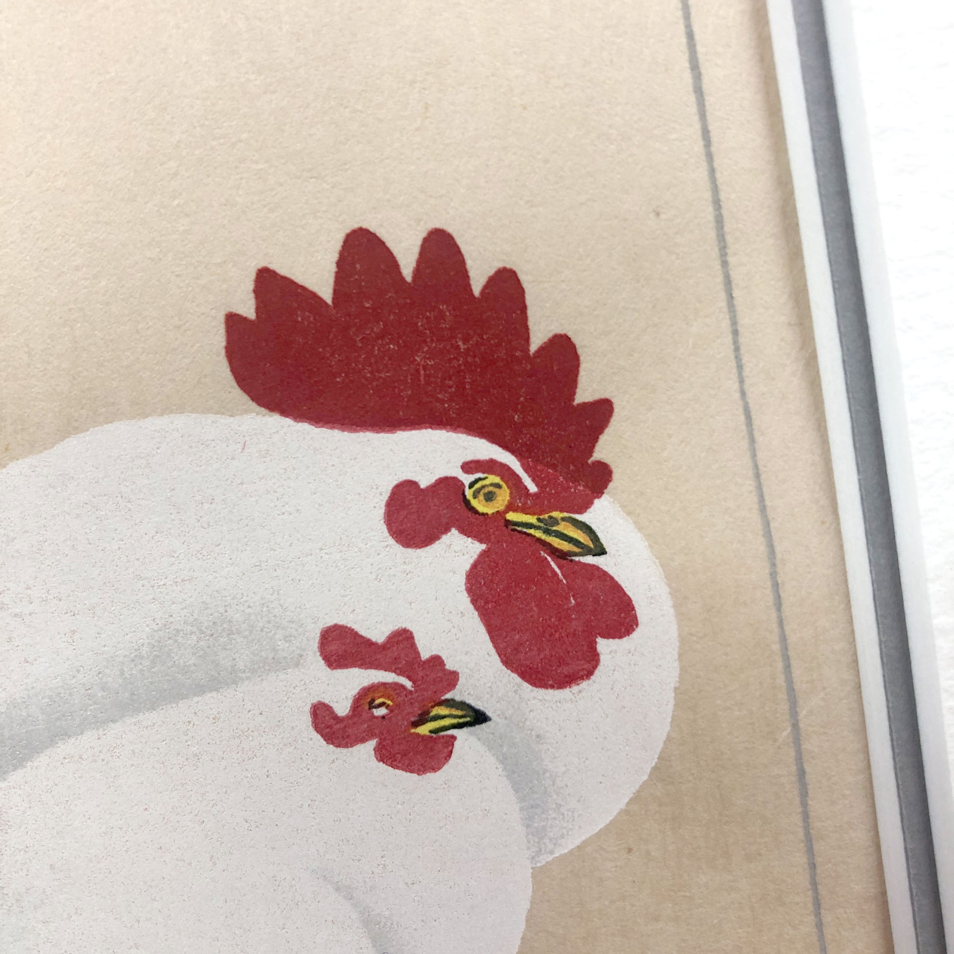 Detail view of Rooster and Hen, after Koson Japanese handmade woodblock print by Claire Cameron-Smith.