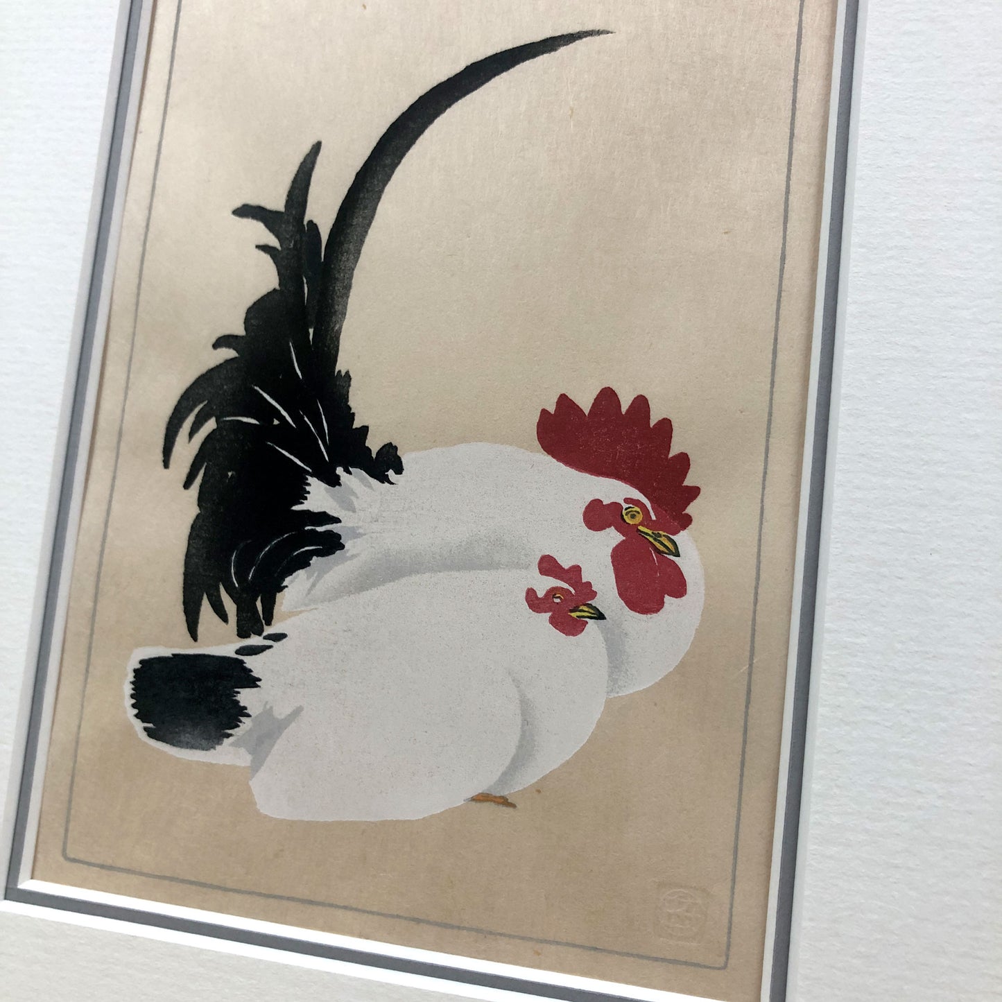 Detail view of Rooster and Hen, after Koson Japanese handmade woodblock print by Claire Cameron-Smith.