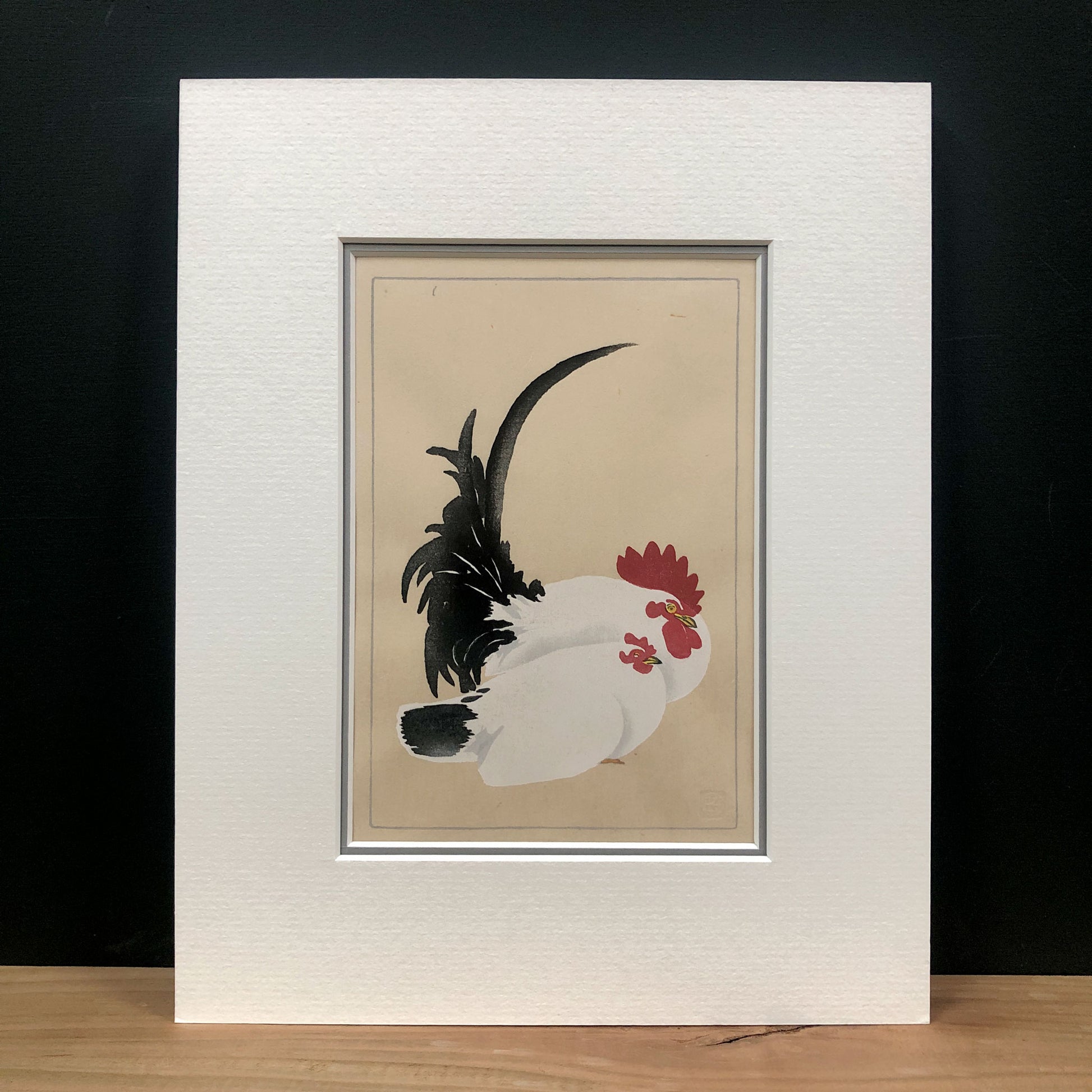 Rooster and Hen, after Koson Japanese handmade woodblock print by Claire Cameron-Smith, with hayseed top mount