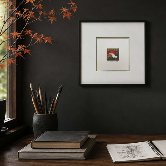 Russula mushroom handmade original woodblock print. Shown in 10" x 10" black frame in Autumnal room set. 