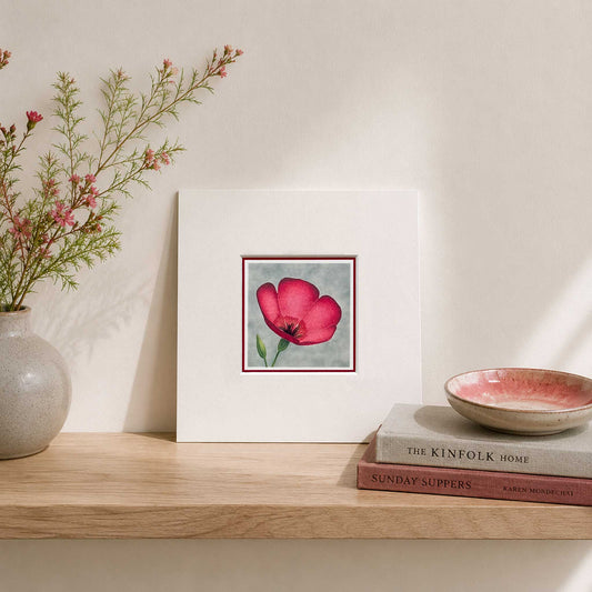 Scarlet Flax Mounted Fine Art Mini Print on shelf 
