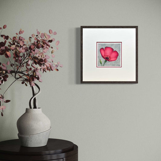Fine art print of scarlet flax flower against grey background. Mounted in white, 10" x 10". In room mockup with black frame