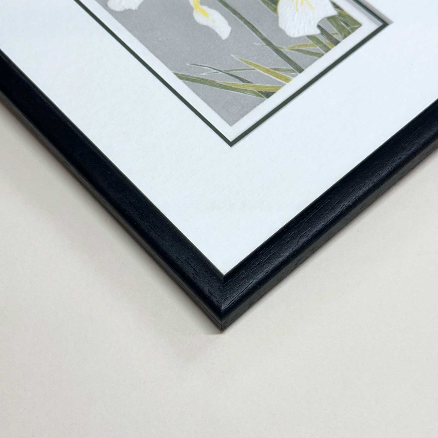 White Irises flower art original handmade print by Claire Cameron-Smith - black frame detail