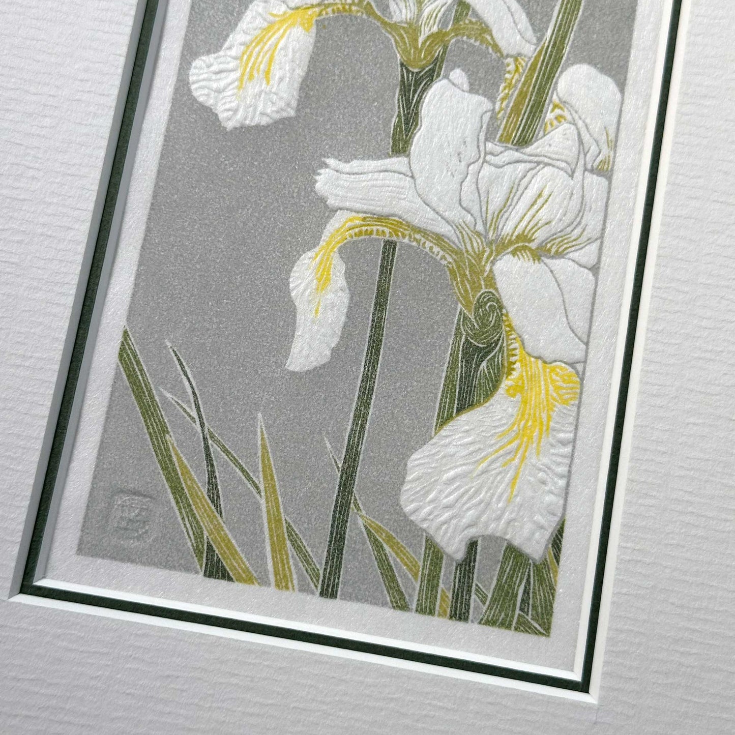 White Irises botanical original handmade artwork by Claire Cameron-Smith - detail of embossing and signature seal