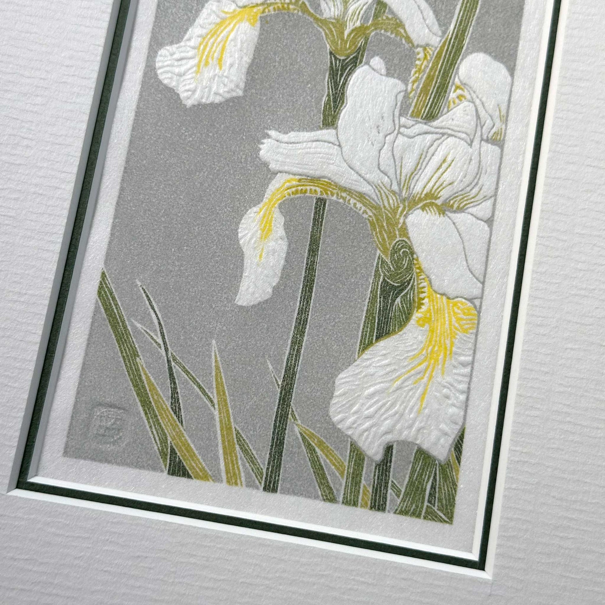 White Irises botanical original handmade artwork by Claire Cameron-Smith - detail of embossing and signature seal