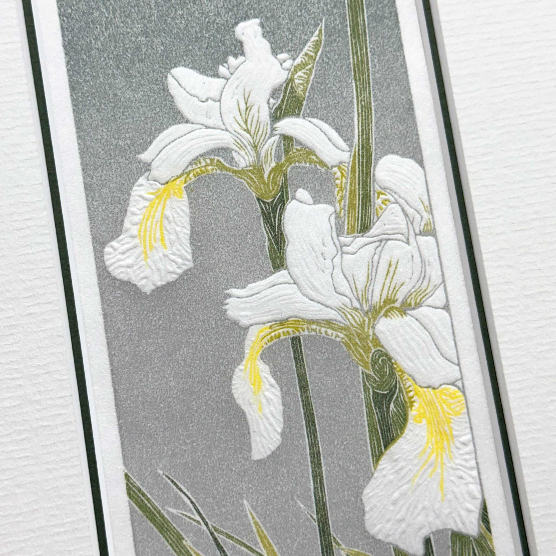 White Iris flowers original handmade print by Claire Cameron-Smith - detail of embossing