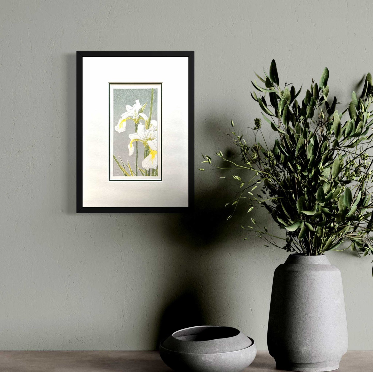 White Irises original handmade botanical print in black frame on grey green wall