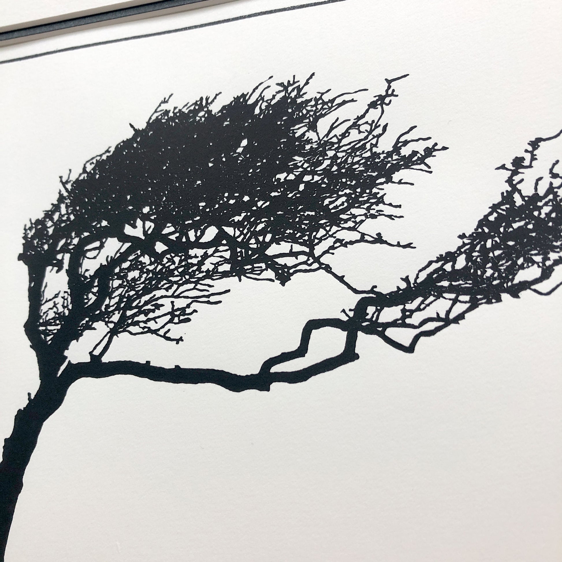 Close-up detail of hand-printed hawthorn tree showing delicate branch structure and subtle ink variation on cream paper.