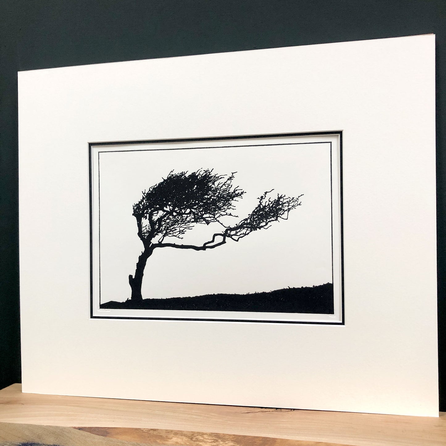 Angled view of mounted windswept hawthorn tree woodblock print showing depth of mount and minimalist black silhouette landscape.