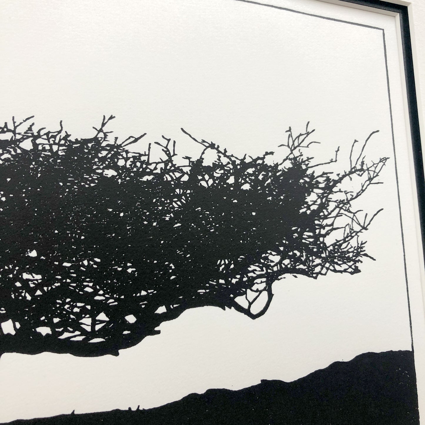 Close-up detail of hand-printed hawthorn tree showing delicate branch structure and subtle ink variation on cream paper.